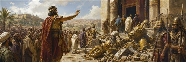 Jehu directing guards as worshipers enter and workers dismantle a Baal temple
